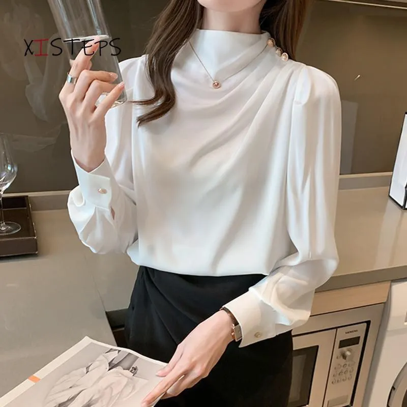 Women Shirt Long Puff Sleeve Satin Chiffon Tops Elegant High Collar Blouses Red White Blue Ladies Tops Blusas Femininas