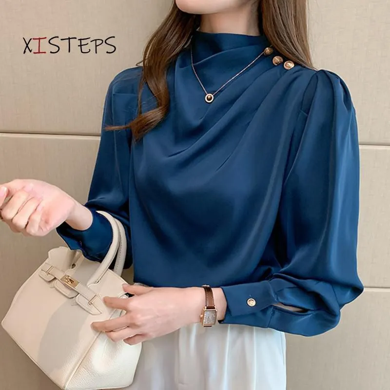 Women Shirt Long Puff Sleeve Satin Chiffon Tops Elegant High Collar Blouses Red White Blue Ladies Tops Blusas Femininas