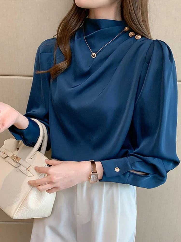 Women Shirt Long Puff Sleeve Satin Chiffon Tops Elegant High Collar Blouses Red White Blue Ladies Tops Blusas Femininas