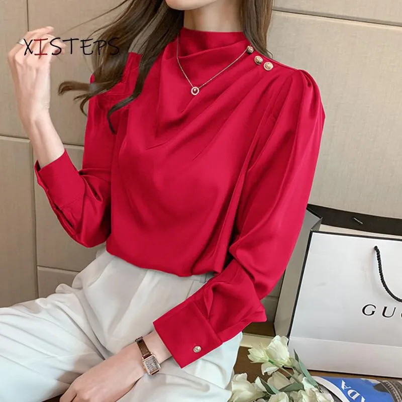 Women Shirt Long Puff Sleeve Satin Chiffon Tops Elegant High Collar Blouses Red White Blue Ladies Tops Blusas Femininas