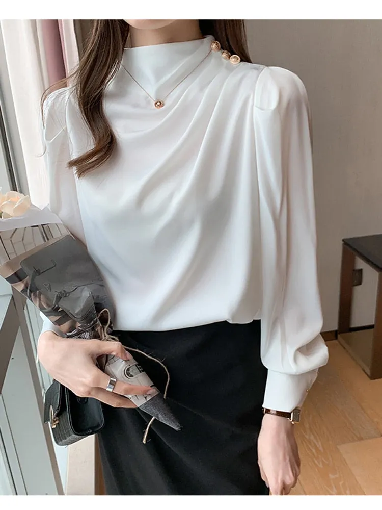 Women Shirt Long Puff Sleeve Satin Chiffon Tops Elegant High Collar Blouses Red White Blue Ladies Tops Blusas Femininas