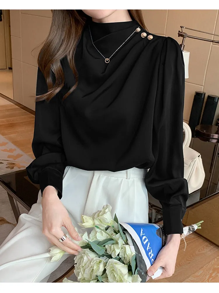 Women Shirt Long Puff Sleeve Satin Chiffon Tops Elegant High Collar Blouses Red White Blue Ladies Tops Blusas Femininas