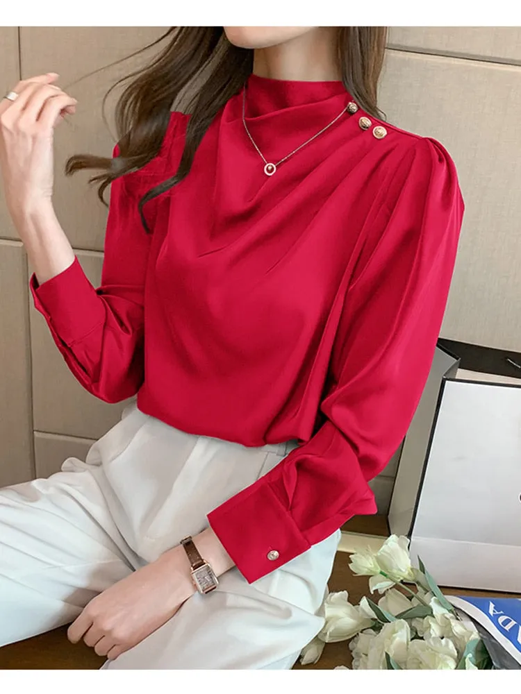 Women Shirt Long Puff Sleeve Satin Chiffon Tops Elegant High Collar Blouses Red White Blue Ladies Tops Blusas Femininas