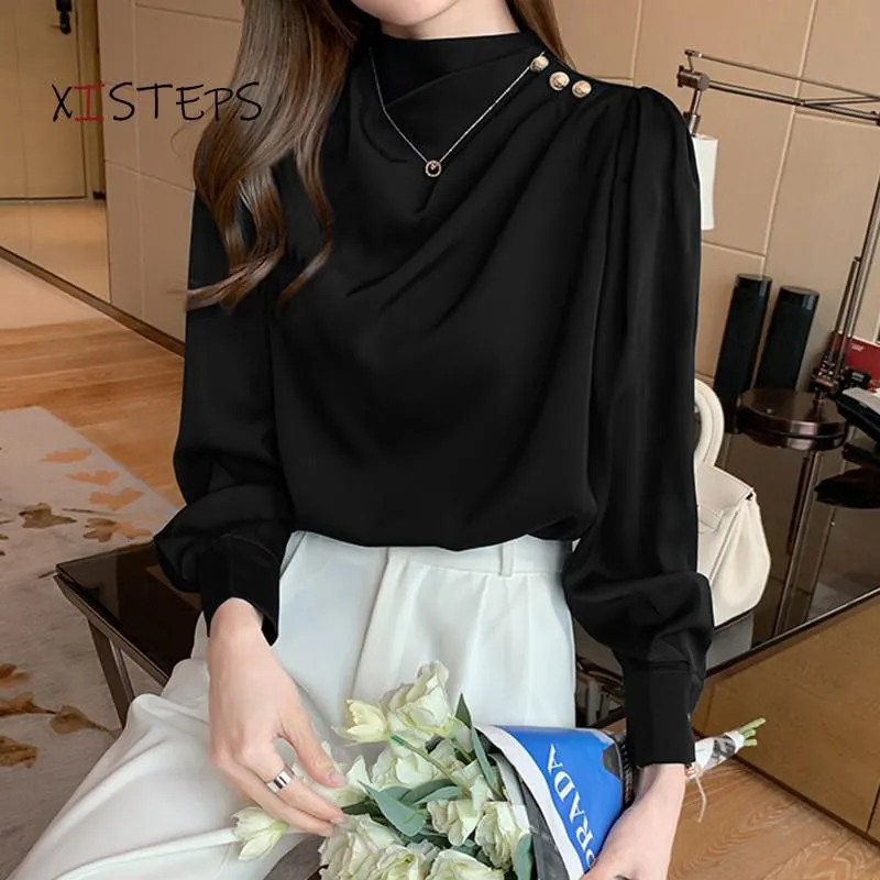 Women Shirt Long Puff Sleeve Satin Chiffon Tops Elegant High Collar Blouses Red White Blue Ladies Tops Blusas Femininas
