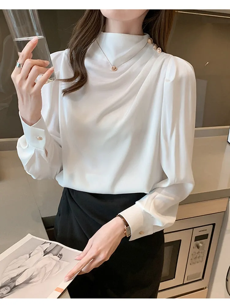 Women Shirt Long Puff Sleeve Satin Chiffon Tops Elegant High Collar Blouses Red White Blue Ladies Tops Blusas Femininas