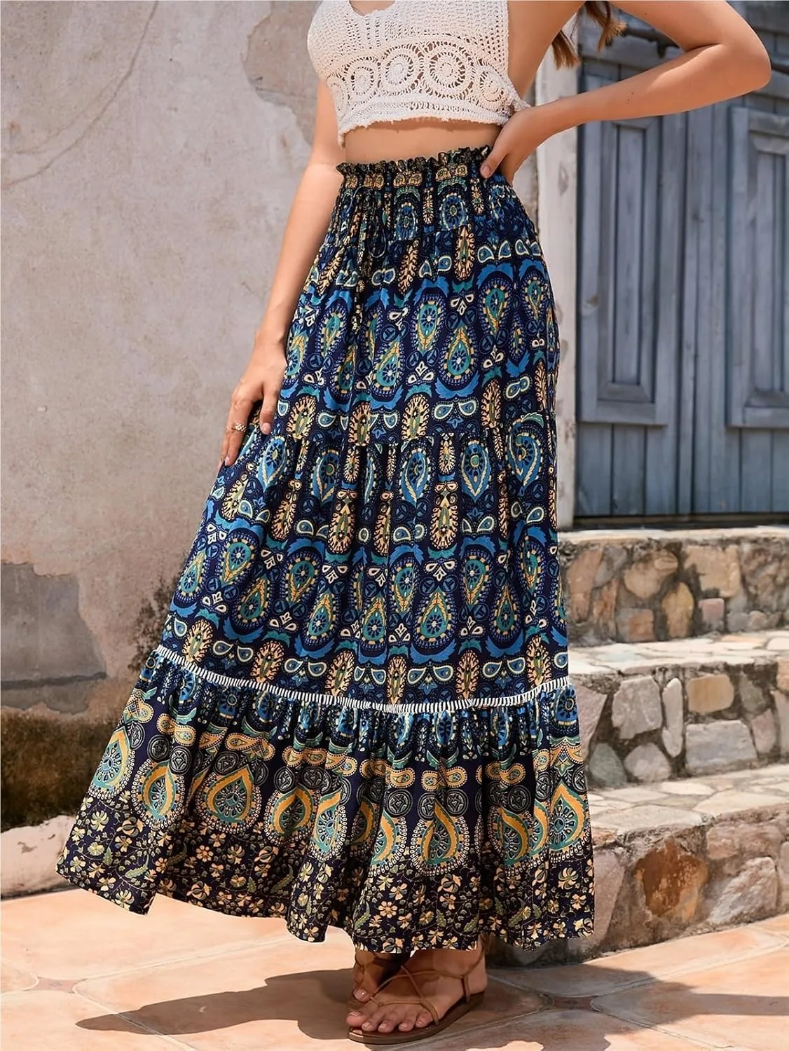 Women's 2025 Bohemian Long Skirts Flowy High Waist A Line Maxi Skirts for Women Summer Pleated Beach Skirt(Blue,X-Large)