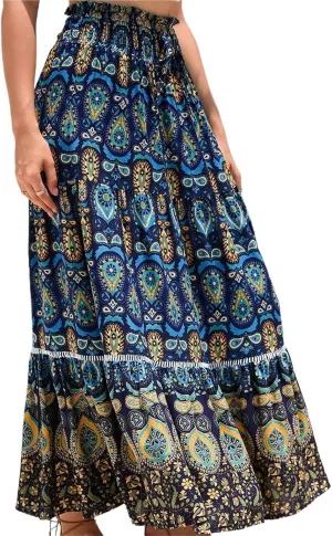 Women's 2025 Bohemian Long Skirts Flowy High Waist A Line Maxi Skirts for Women Summer Pleated Beach Skirt(Blue,X-Large)