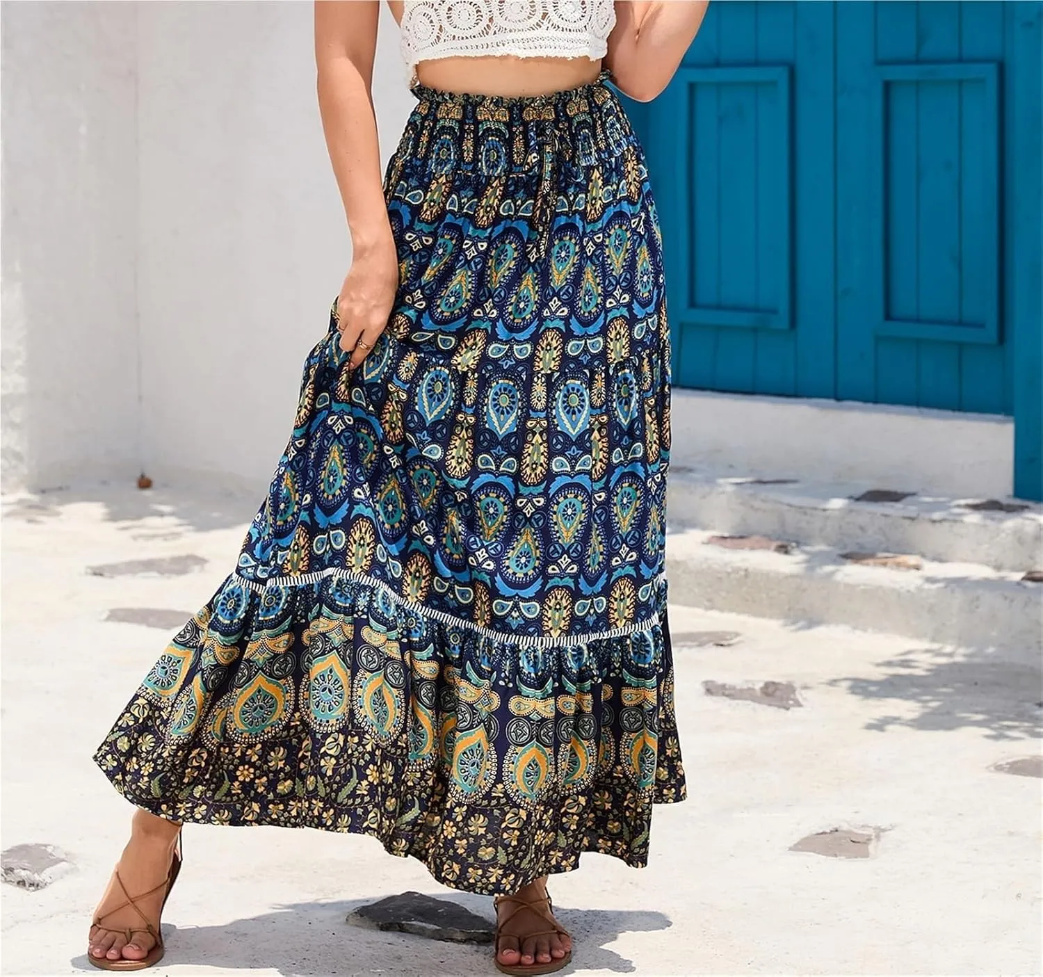 Women's 2025 Bohemian Long Skirts Flowy High Waist A Line Maxi Skirts for Women Summer Pleated Beach Skirt(Blue,X-Large)