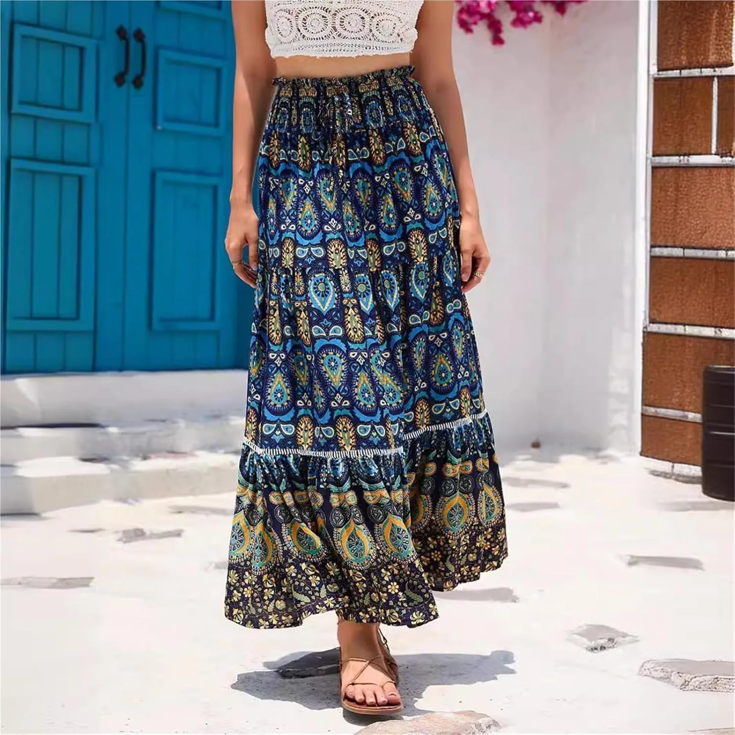Women's 2025 Bohemian Long Skirts Flowy High Waist A Line Maxi Skirts for Women Summer Pleated Beach Skirt(Blue,X-Large)