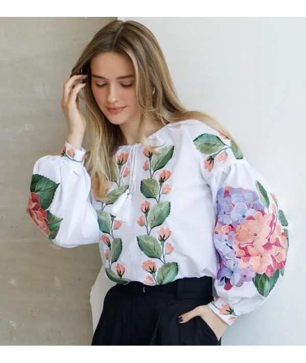 Women's embroidered blouse with hydrangeas