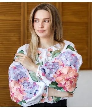 Women's embroidered blouse with hydrangeas