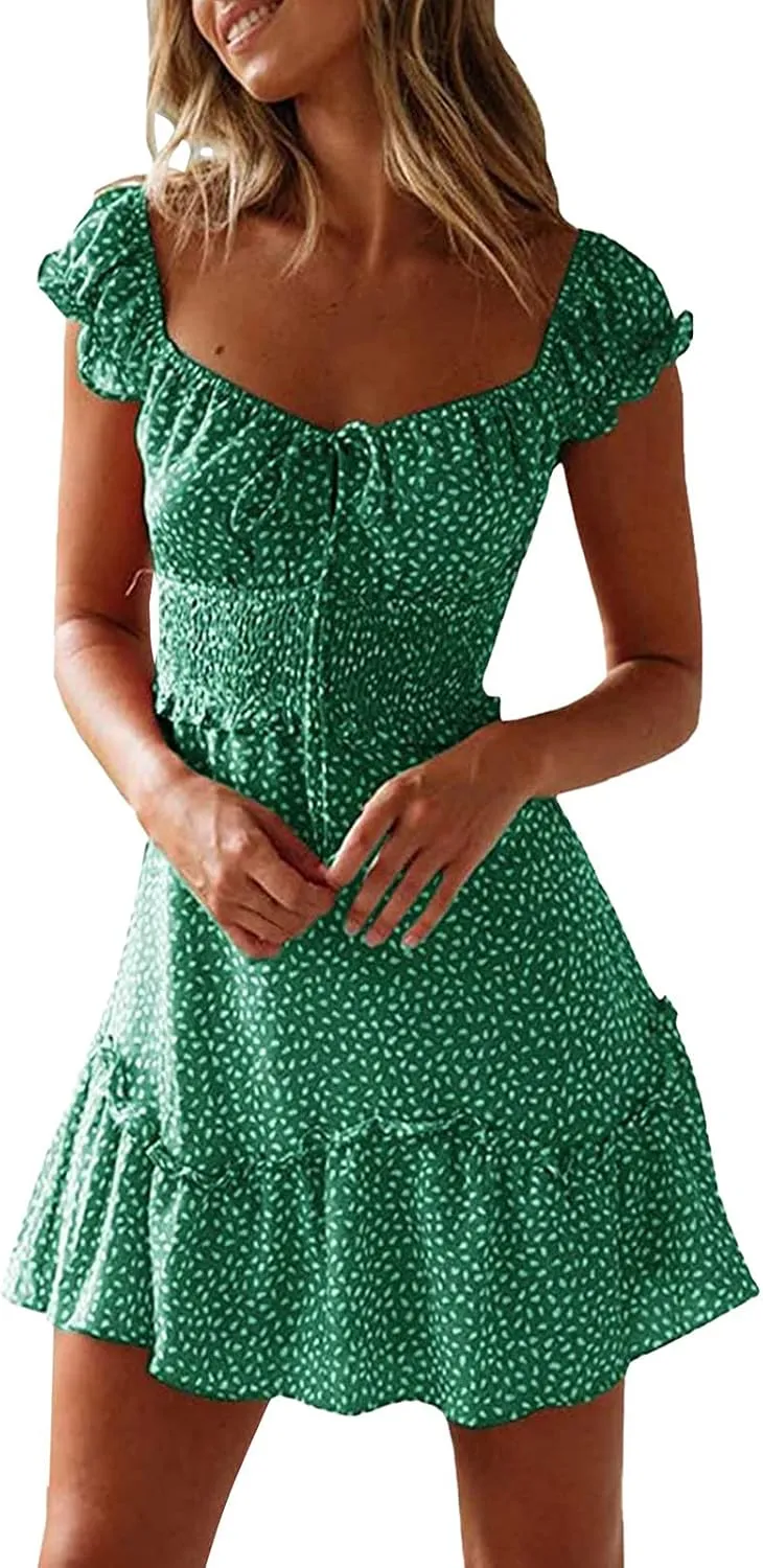 Womens Summer Dress Ruffle Sleeve Sweetheart Neckline Printing Mini Dresses Dressy Boho Vacation Sundress S-XXL