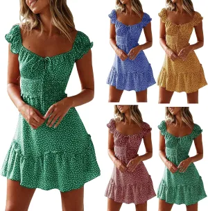 Womens Summer Dress Ruffle Sleeve Sweetheart Neckline Printing Mini Dresses Dressy Boho Vacation Sundress S-XXL