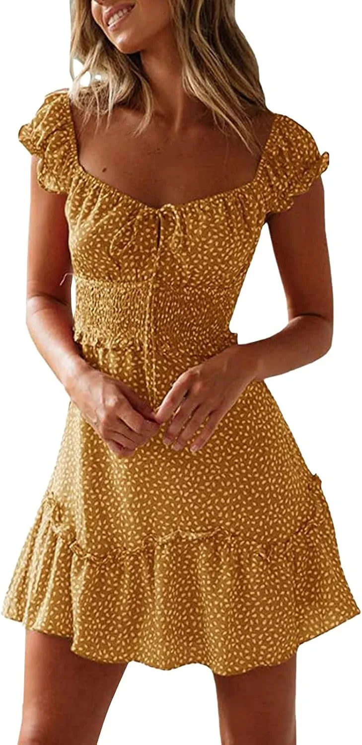 Womens Summer Dress Ruffle Sleeve Sweetheart Neckline Printing Mini Dresses Dressy Boho Vacation Sundress S-XXL