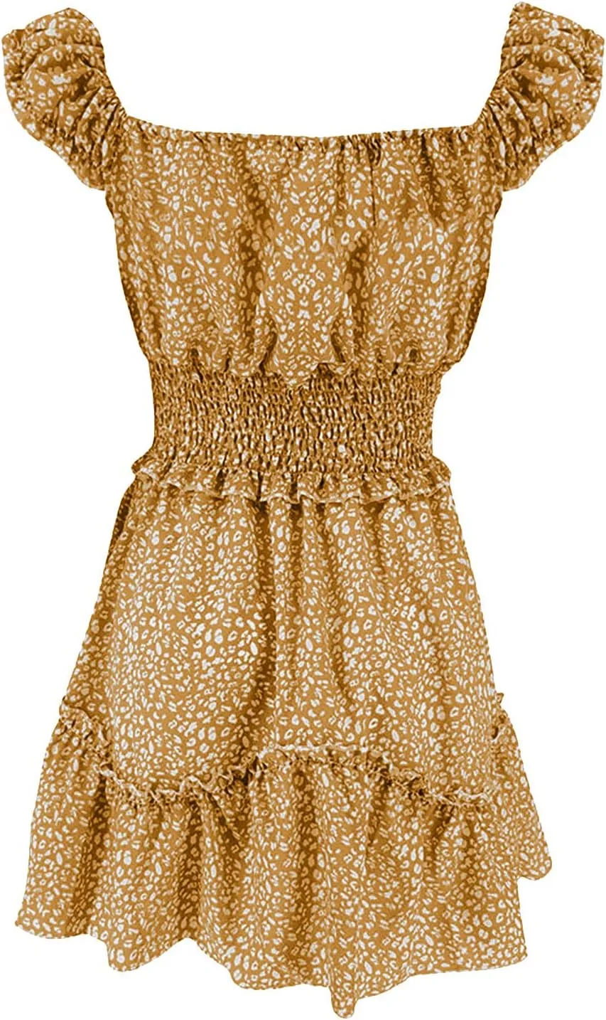 Womens Summer Dress Ruffle Sleeve Sweetheart Neckline Printing Mini Dresses Dressy Boho Vacation Sundress S-XXL