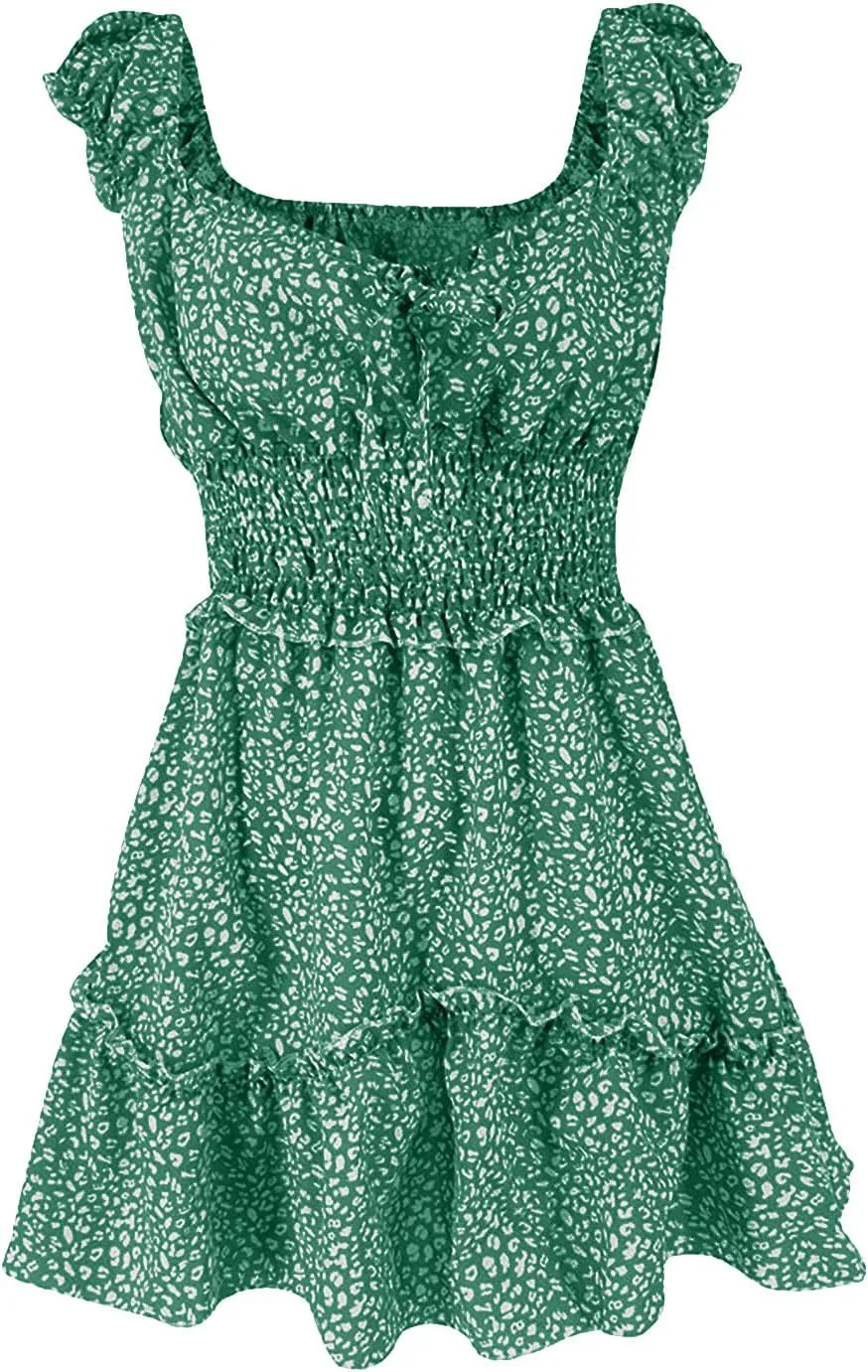 Womens Summer Dress Ruffle Sleeve Sweetheart Neckline Printing Mini Dresses Dressy Boho Vacation Sundress S-XXL