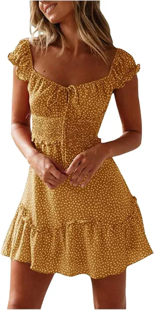 Womens Summer Dress Ruffle Sleeve Sweetheart Neckline Printing Mini Dresses Dressy Boho Vacation Sundress S-XXL